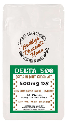 mint cookies and cream chocolate infused with delta 8 (D8) derived from hemp